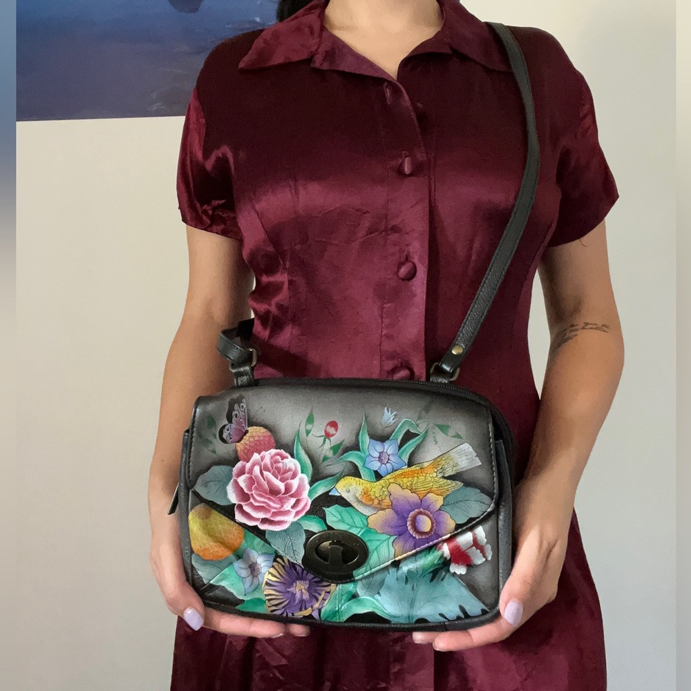 Anuschka Bag Vintage hand painted Bouquet Birds Flowers crossbody - Picture 3 of 16